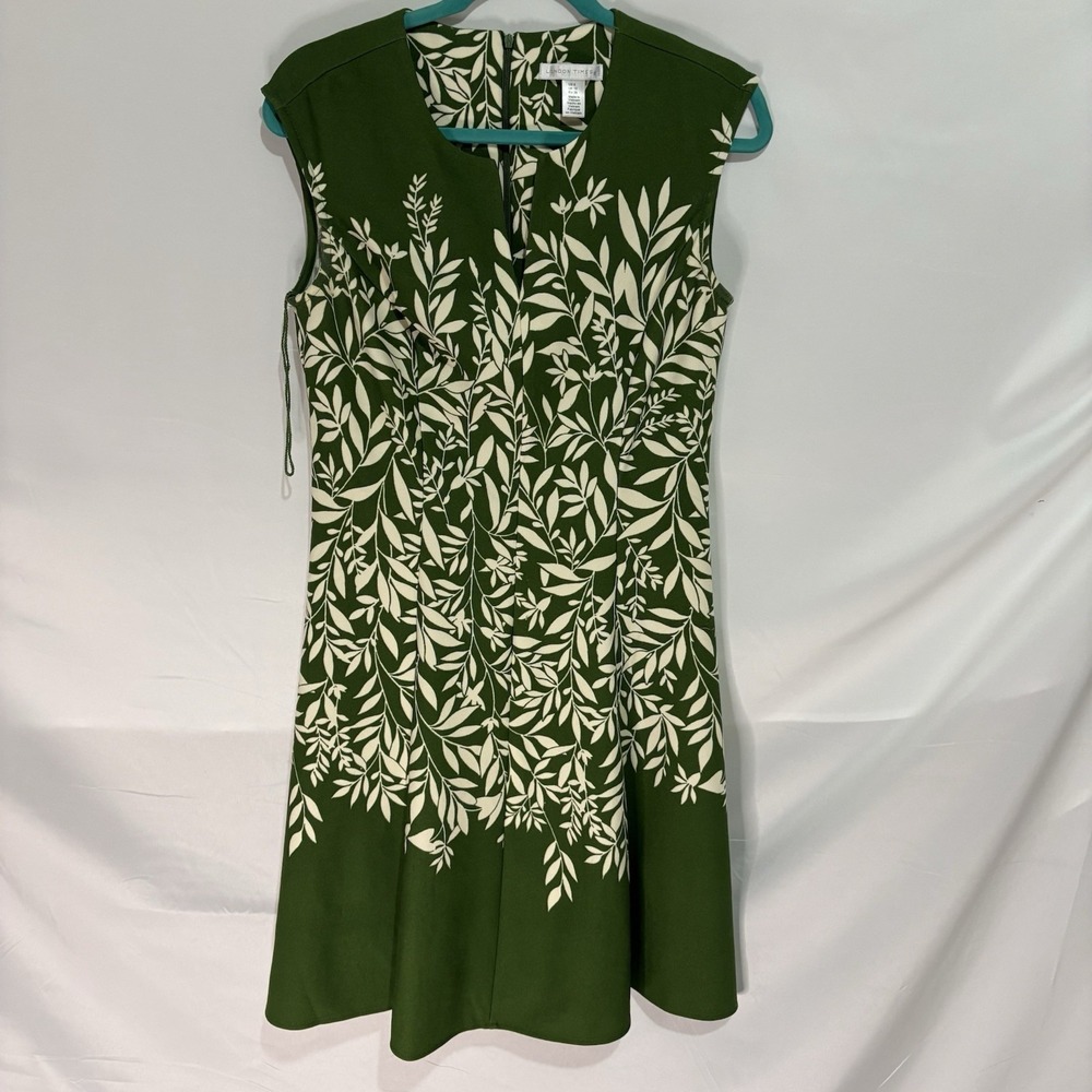 London Times Womens Green Leaf Print Fit & Flare Dress Size 6 Sleeveless Knee